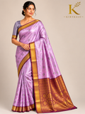 Premium Dharmavaram Pattu Silk Saree with Antique Gold Zari Border & Running Blouse | Lavender & Wine Gold