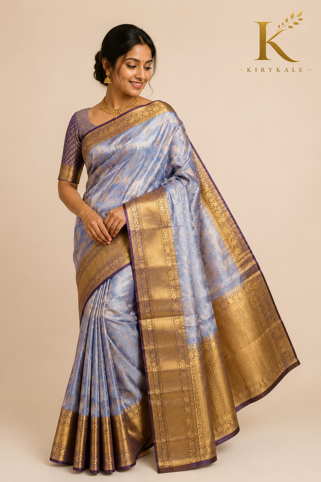 Premium Vintage Checks Kanchi Pattu Silk Saree with Rich Gold Zari Border & Running Blouse | Powder Blue & Royal Purple