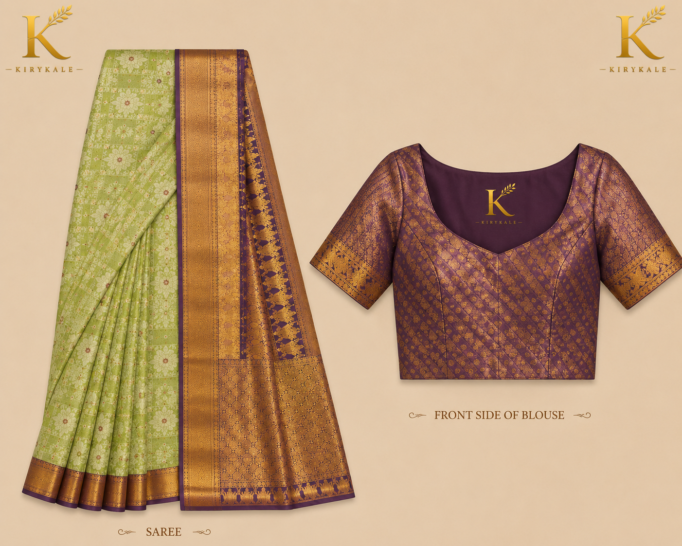 Premium Vintage Checks Kanchi Pattu Silk Saree with Antique Gold Zari Border & Running Blouse | Pastel Pistachio Green & Royal Purple
