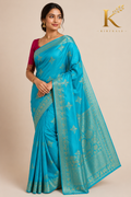 Premium Mushroom Pure Georgette Woven Designer Saree with Contrast Blouse | Turquoise Blue