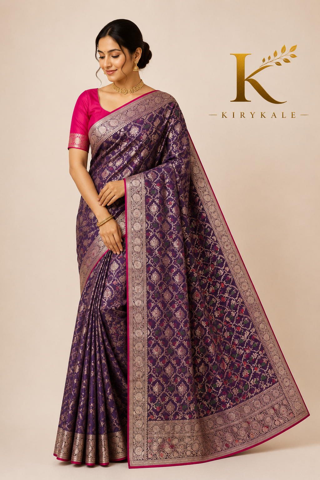 Premium Mushroom Meenakari Banarasi Silk Saree – Floral Woven Designer Zari Border