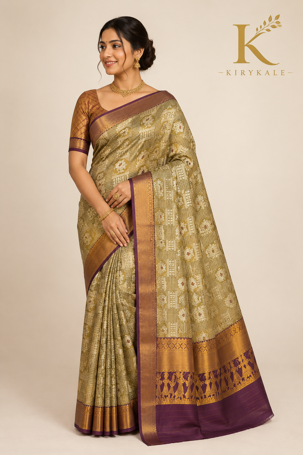 Premium Vintage Checks Kanchi Pattu Silk Saree with Temple Zari Border & Running Blouse | Olive Beige & Antique Gold
