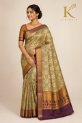 Premium Vintage Checks Kanchi Pattu Silk Saree with Temple Zari Border & Running Blouse | Olive Beige & Antique Gold