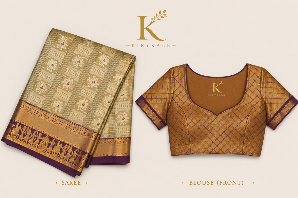 Premium Vintage Checks Kanchi Pattu Silk Saree with Temple Zari Border & Running Blouse | Olive Beige & Antique Gold