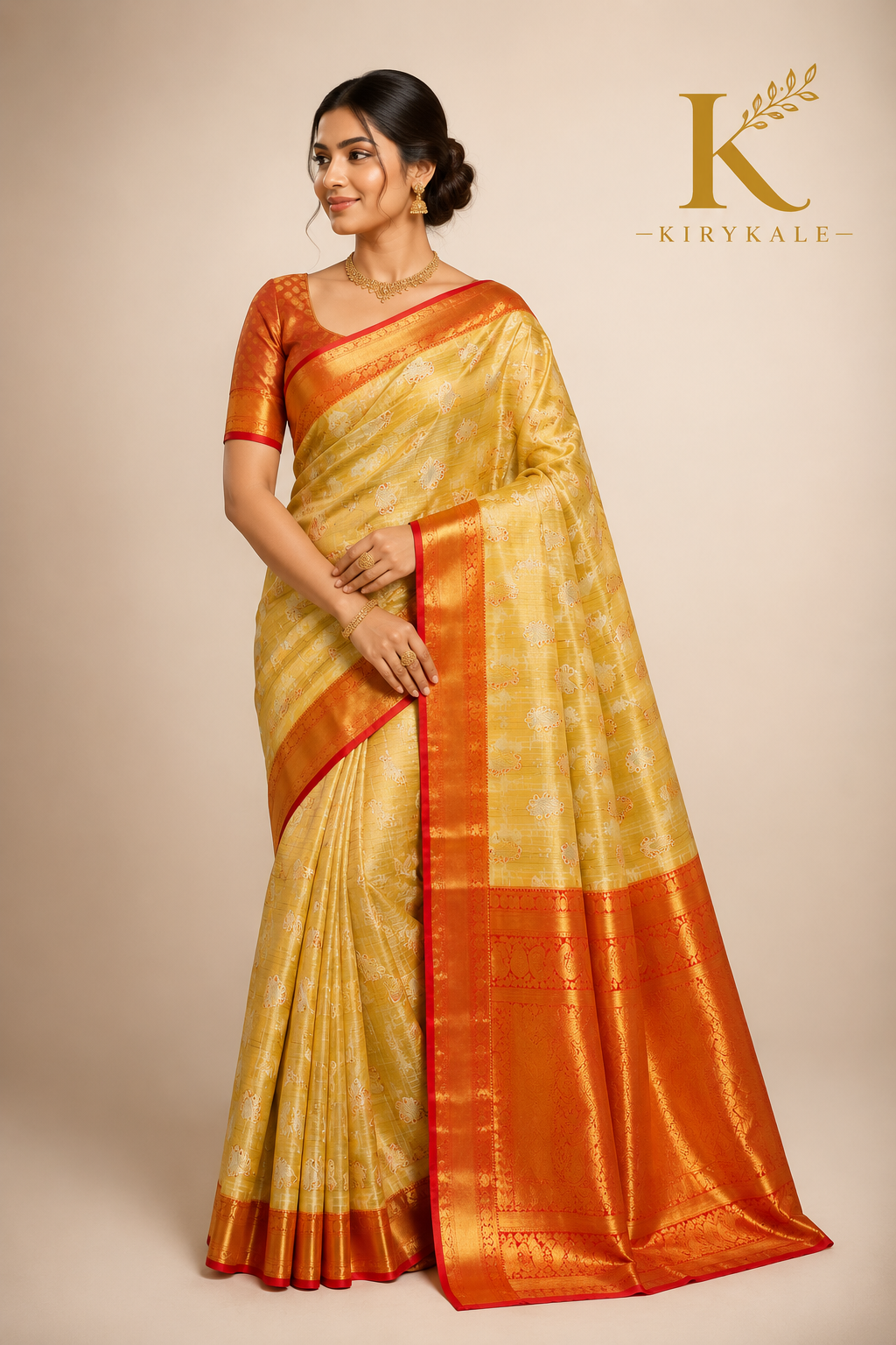 Premium Vintage Checks Kanchi Pattu Silk Saree with Rich Gold Zari Border & Running Blouse | Golden Yellow & Sunset Orange