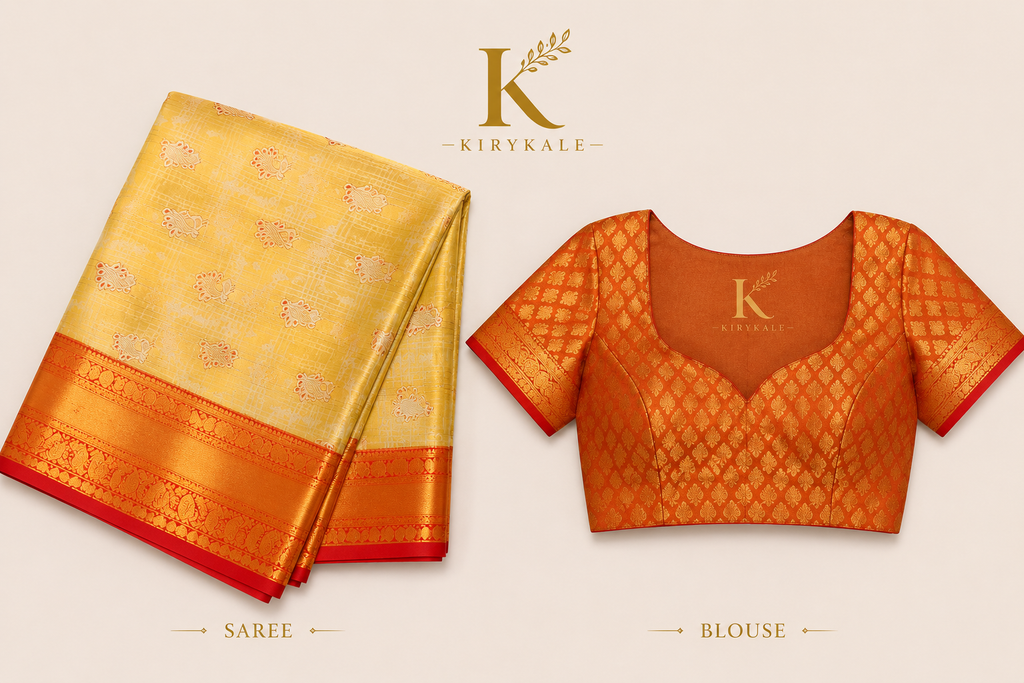 Premium Vintage Checks Kanchi Pattu Silk Saree with Rich Gold Zari Border & Running Blouse | Golden Yellow & Sunset Orange