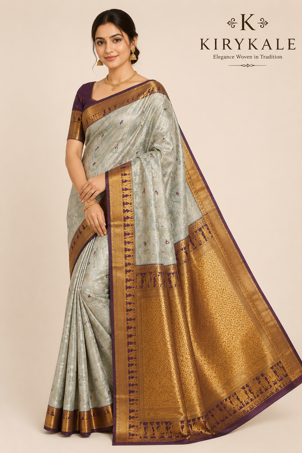 Premium Vintage Checks Kanchi Pattu Silk Saree with Rich Gold Zari Border & Running Blouse | Sage Grey & Royal Purple