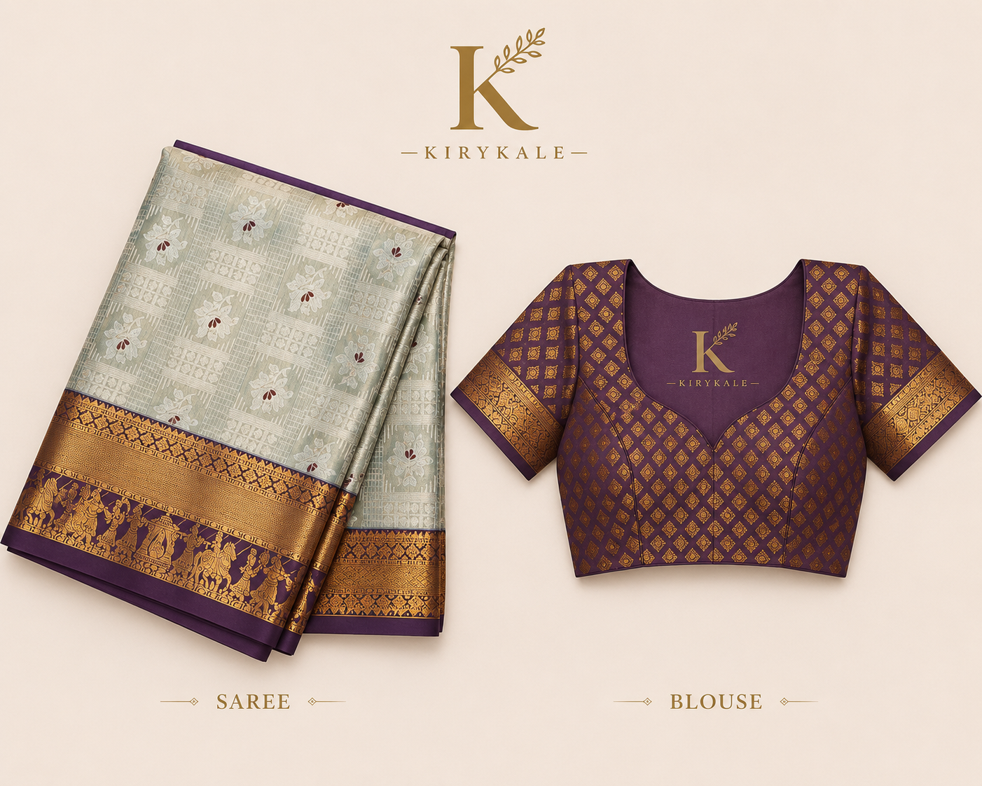 Premium Vintage Checks Kanchi Pattu Silk Saree with Rich Gold Zari Border & Running Blouse | Sage Grey & Royal Purple