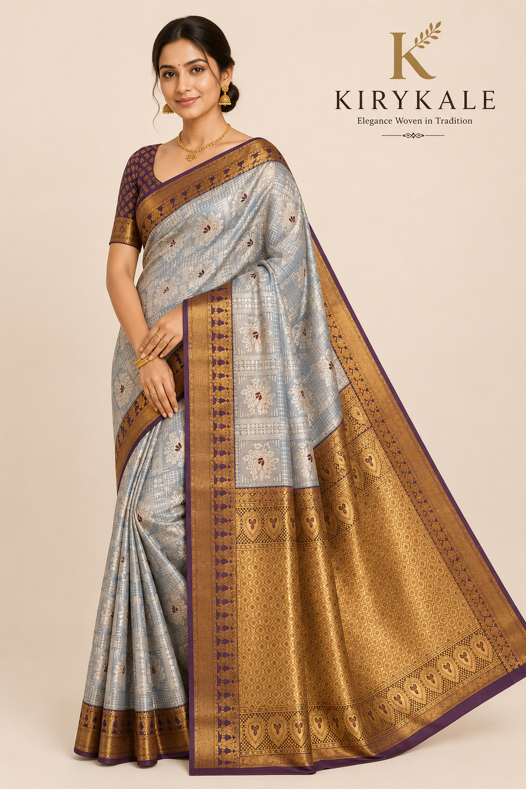Premium Vintage Checks Kanchi Pattu Silk Saree with Rich Gold Zari Border & Running Blouse | Powder Blue & Royal Purple