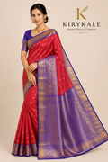 Premium Vintage Checks Kanchi Pattu Silk Saree with Rich Gold Zari Border & Running Blouse | Ruby Red & Royal Blue