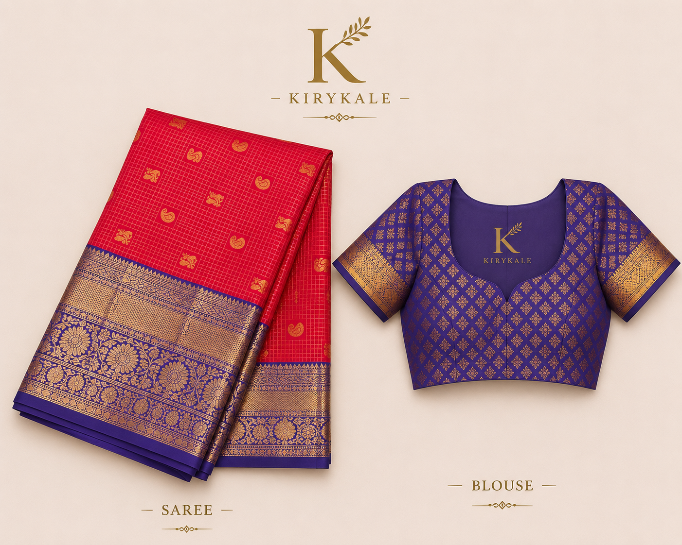 Premium Vintage Checks Kanchi Pattu Silk Saree with Rich Gold Zari Border & Running Blouse | Ruby Red & Royal Blue