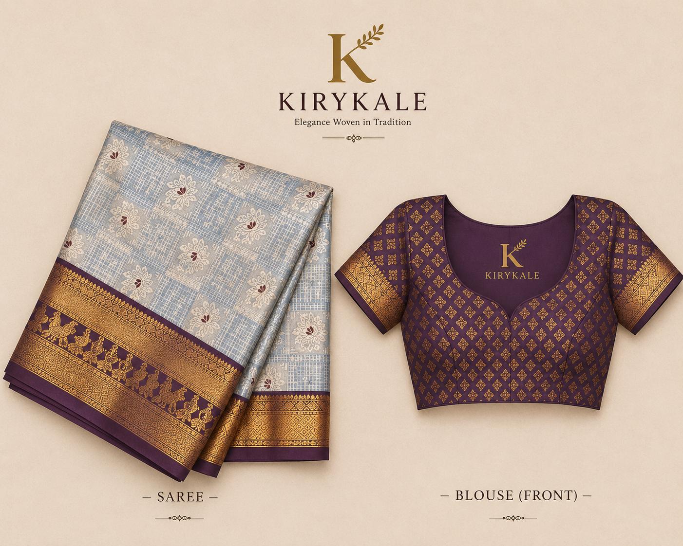 Premium Vintage Checks Kanchi Pattu Silk Saree with Rich Gold Zari Border & Running Blouse | Powder Blue & Royal Purple