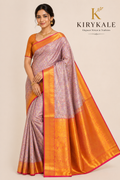 Premium Kanchi Pattu Meenakari Silk Saree with Lavender Floral Weaving & Orange Gold Zari Border