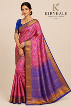 Premium Kanchi Pattu Meenakari Silk Saree with Royal Pink Floral Weaving & Royal Blue Zari Border