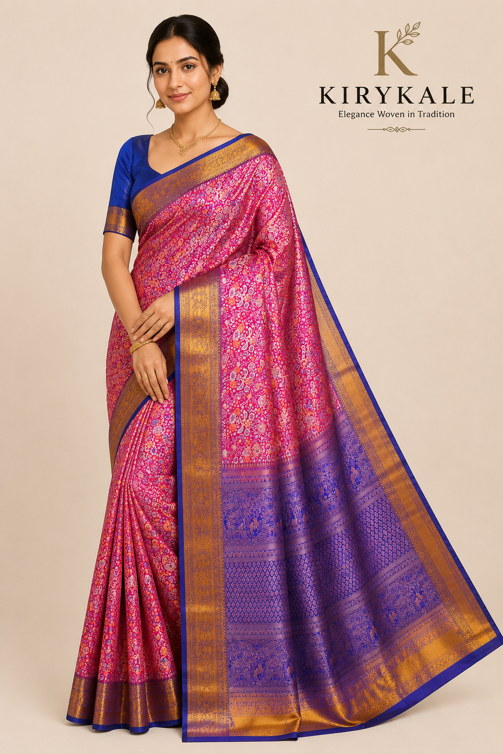 Premium Kanchi Pattu Meenakari Silk Saree with Royal Pink Floral Weaving & Royal Blue Zari Border