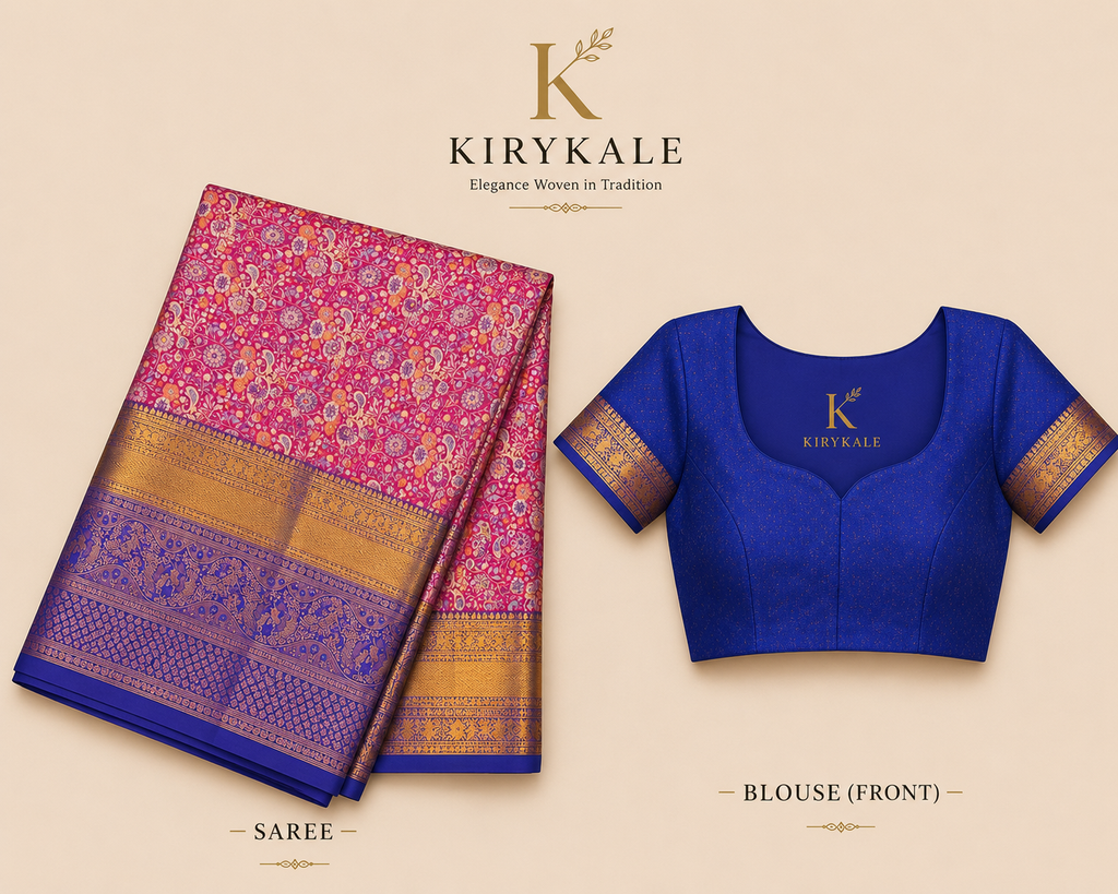 Premium Kanchi Pattu Meenakari Silk Saree with Royal Pink Floral Weaving & Royal Blue Zari Border