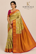 Premium Kanchi Pattu Meenakari Silk Saree with Pastel Green Floral Weaving & Antique Gold Zari Border