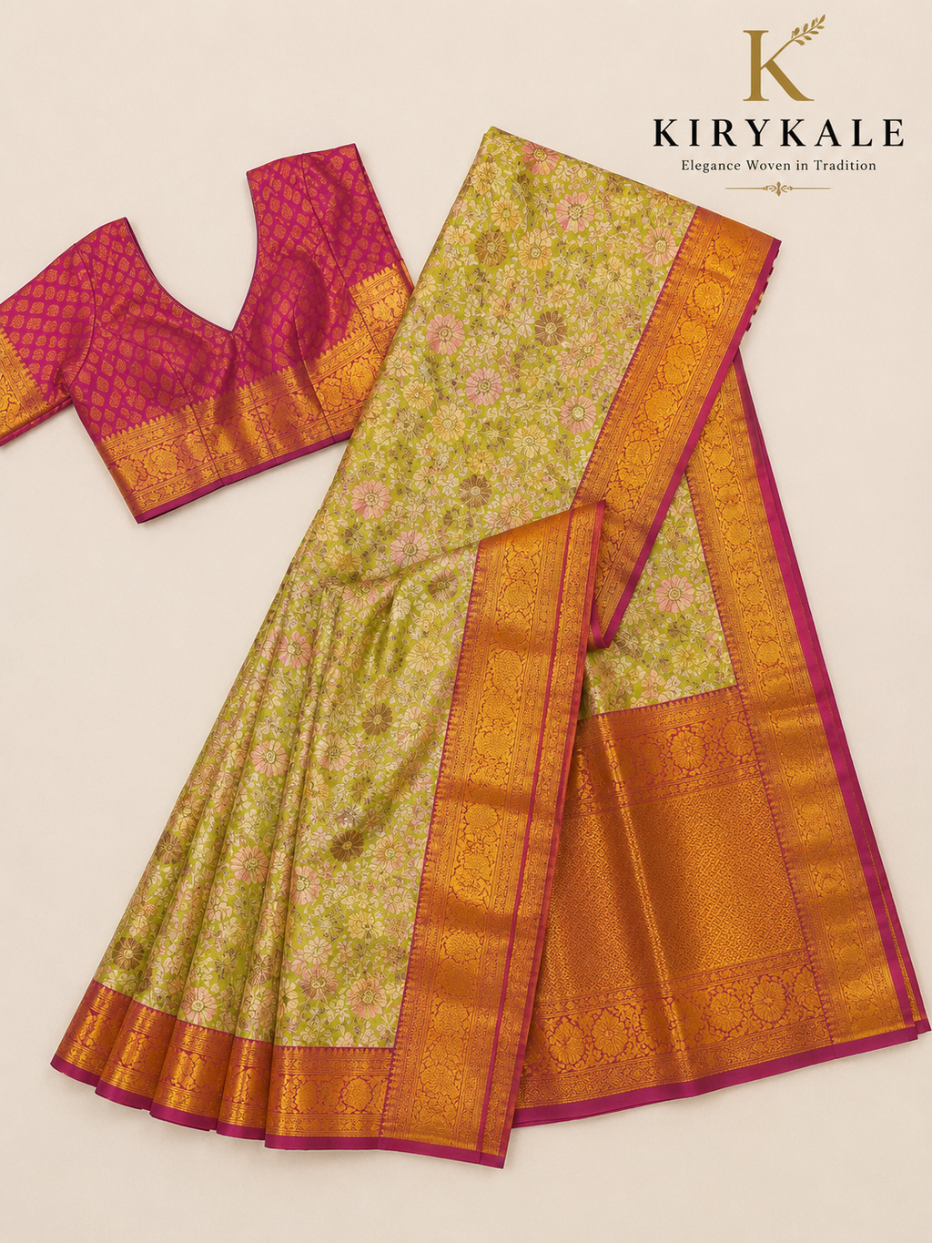 Premium Kanchi Pattu Meenakari Silk Saree with Pastel Green Floral Weaving & Antique Gold Zari Border
