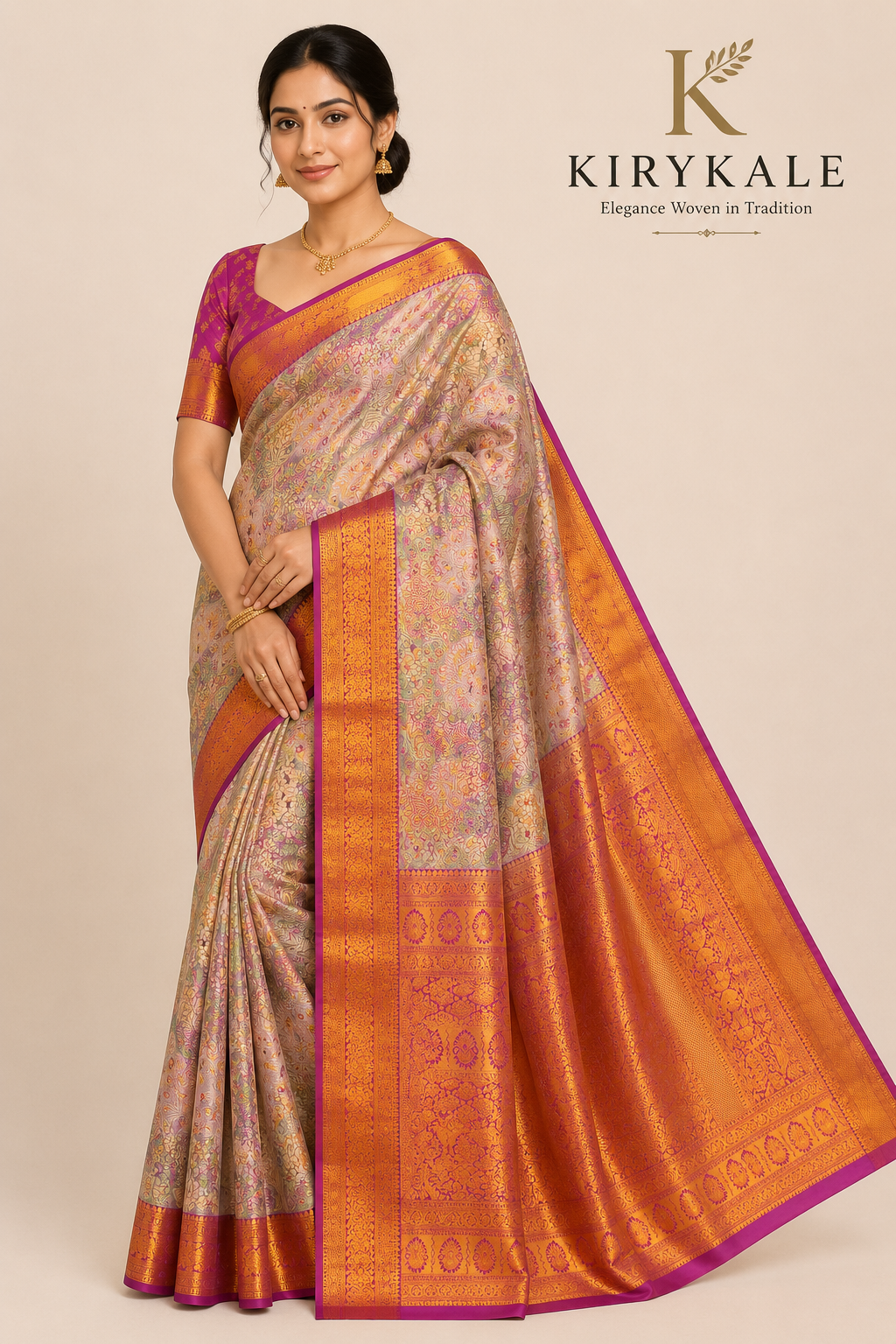 Premium Kanchi Pattu Meenakari Silk Saree with Pastel Lavender Floral Weaving & Antique Gold Zari Border
