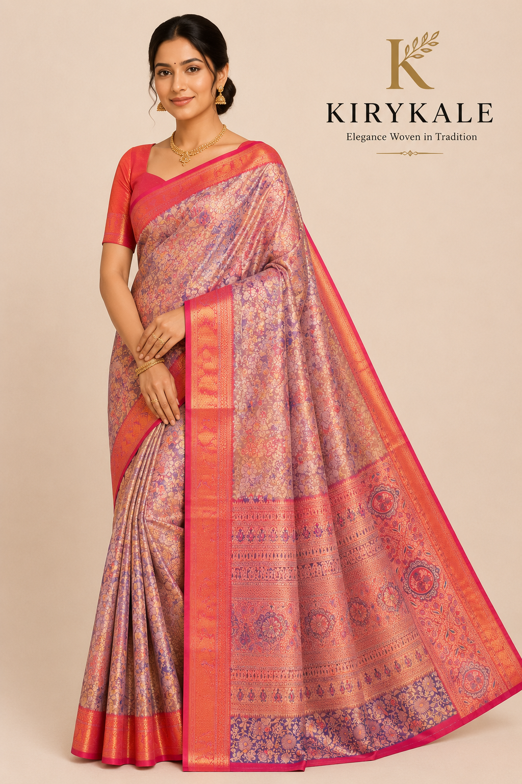 Premium Kanchi Pattu Meenakari Silk Saree with Pastel Mauve Floral Weaving & Coral Gold Zari Border