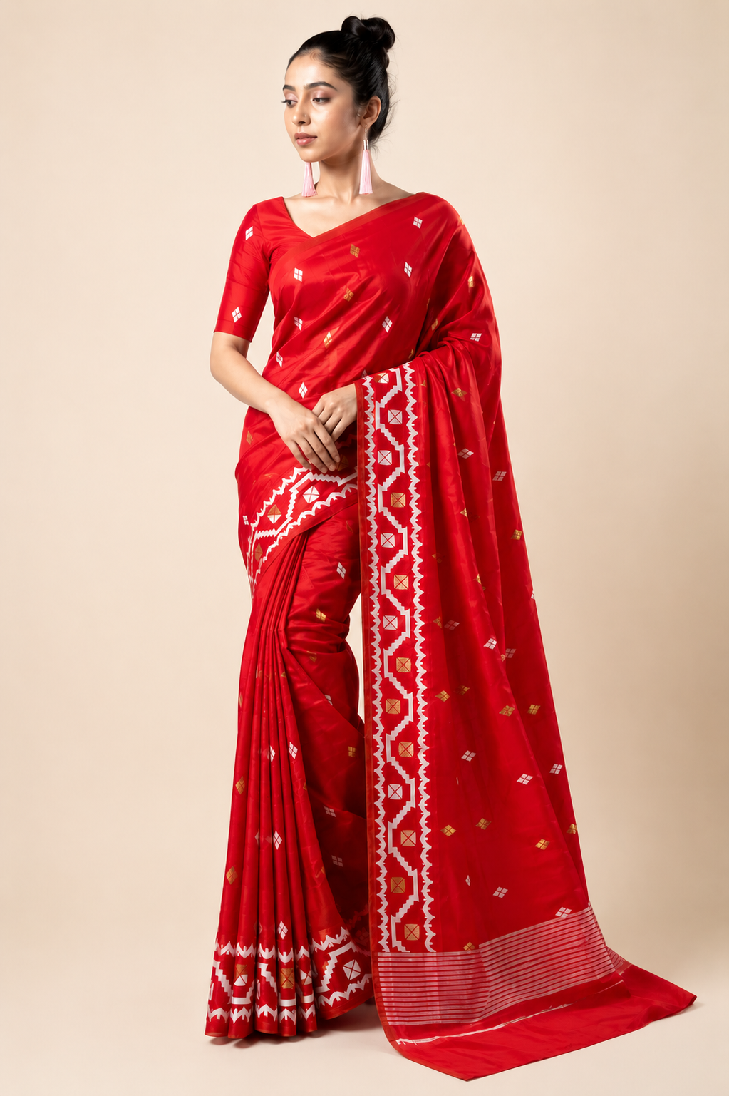 Premium Arani Pattu Silk Saree with Traditional White Temple Border & Red Body