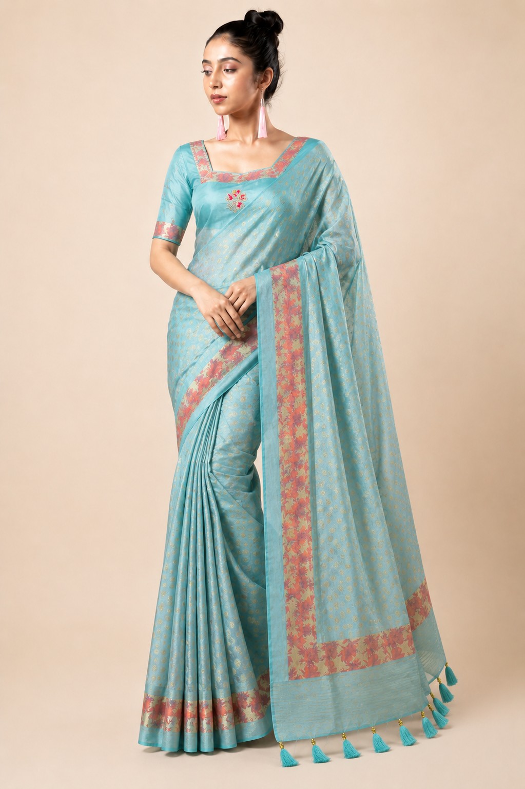 Premium Organza Silk Saree with Real Stone Work – Sky Blue Floral Designer Saree