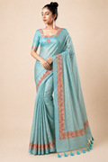Premium Organza Silk Saree with Real Stone Work – Sky Blue Floral Designer Saree