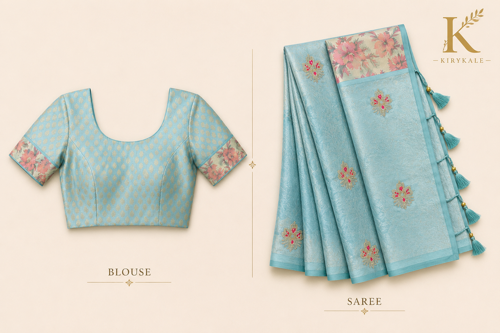 Premium Organza Silk Saree with Real Stone Work – Sky Blue Floral Designer Saree