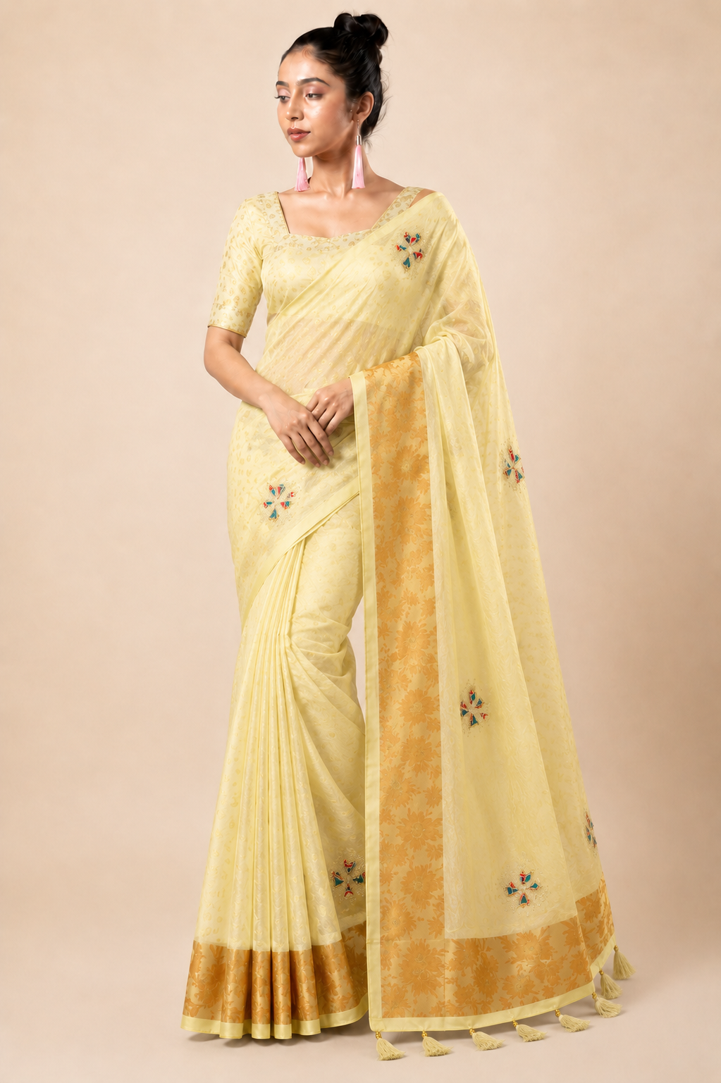 Premium Organza Silk Saree with Real Stone Work – Lemon Yellow Designer Saree