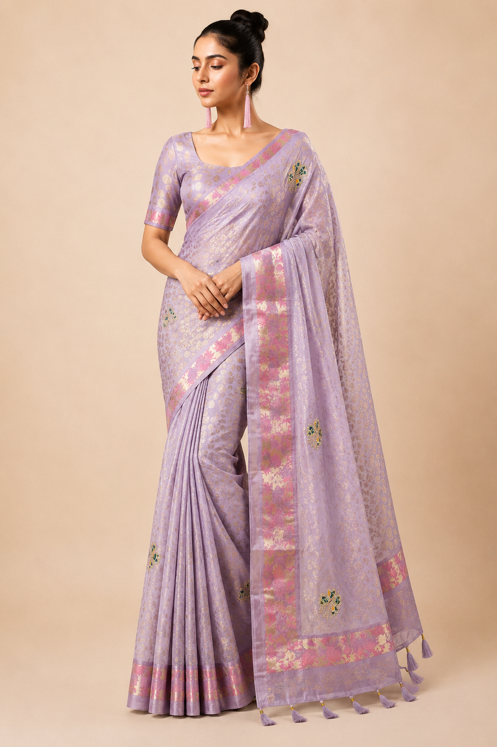 Premium Organza Silk Saree with Real Stone Work – Lavender Designer Saree