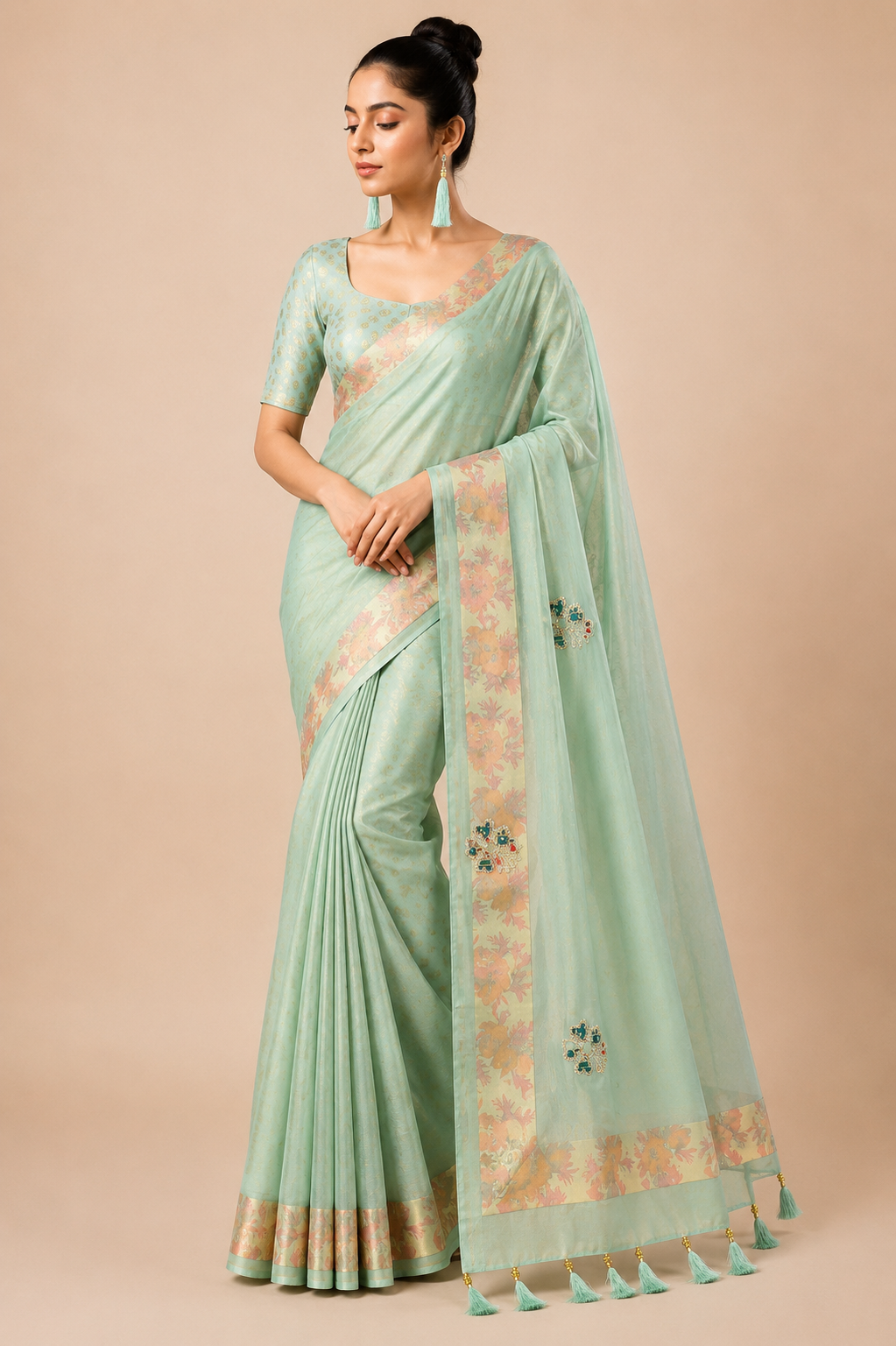 Premium Organza Silk Saree with Real Stone Work – Mint Green Designer Saree