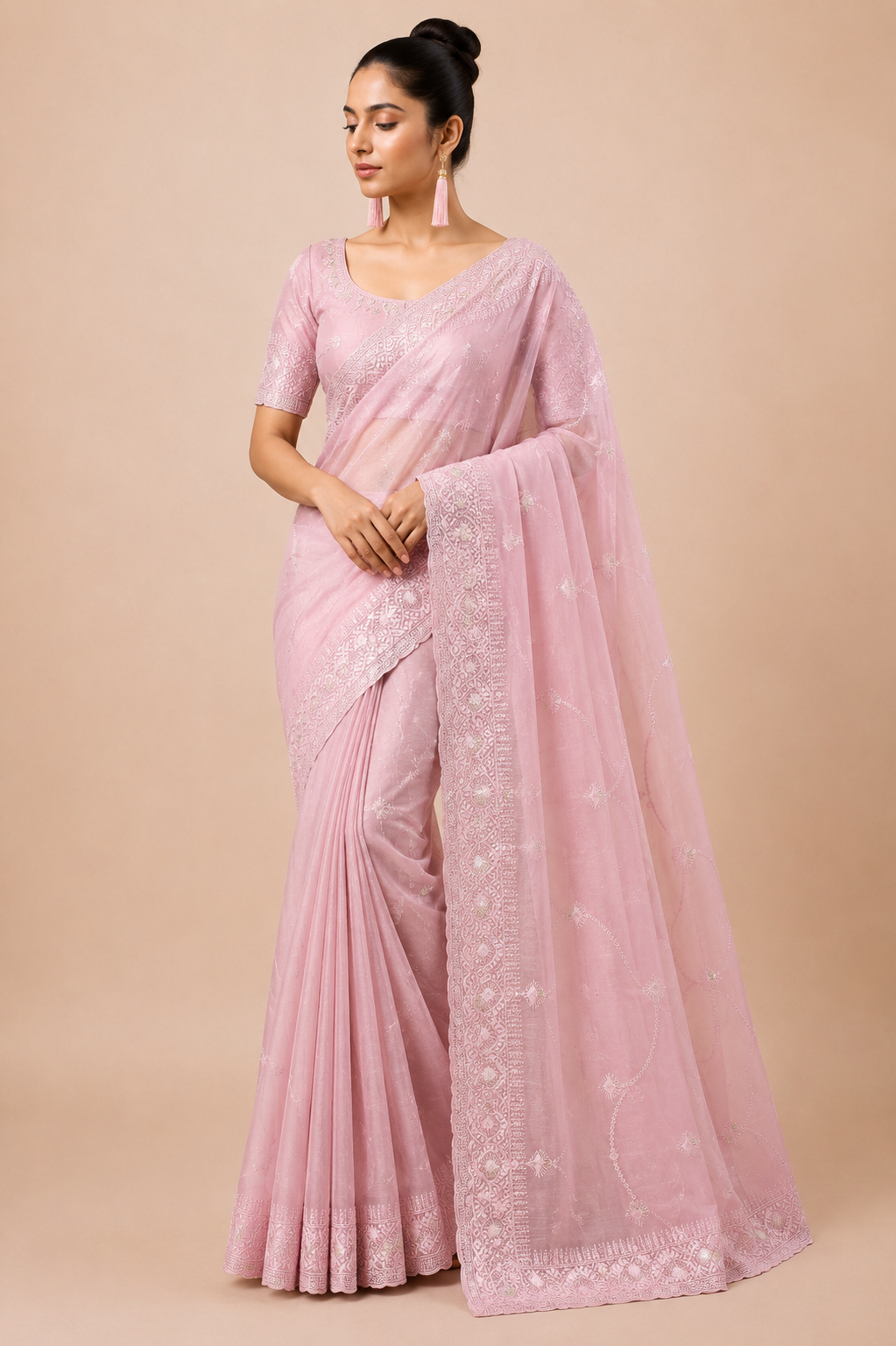 Premium Designer Catalog Work Saree – Baby Pink Embroidered Party Wear Saree