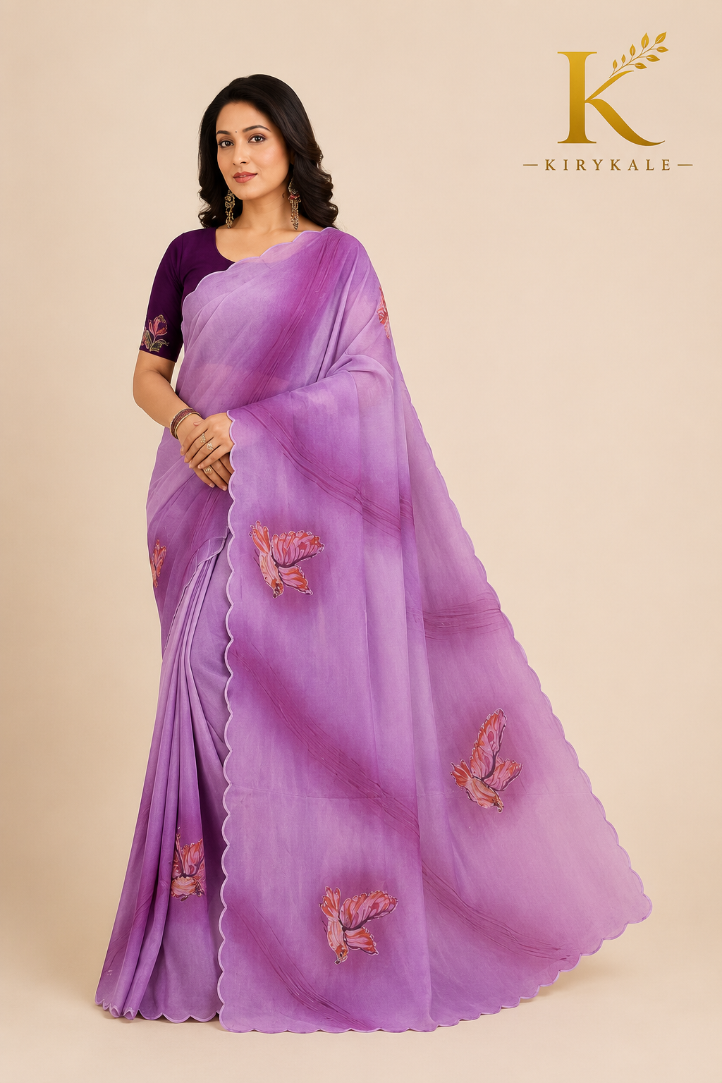 Premium Lavender Mango Georgette Saree with Butterfly Print & Designer Blouse
