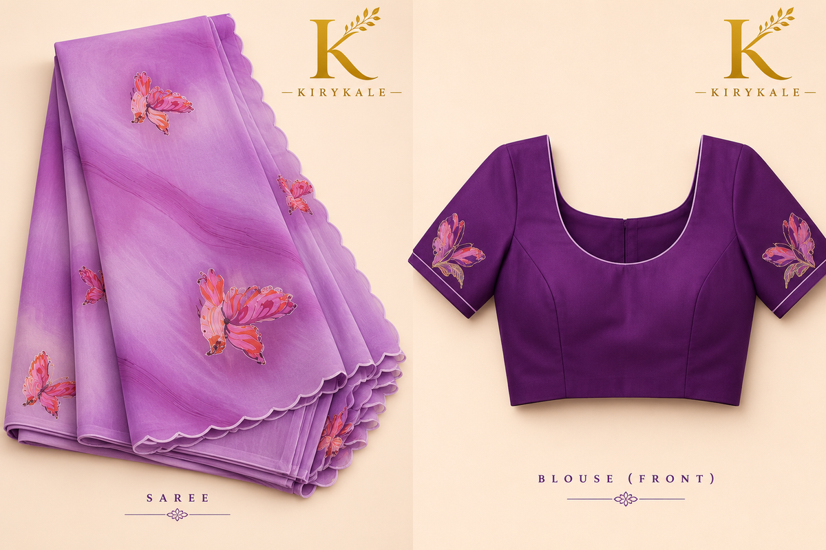 Premium Lavender Mango Georgette Saree with Butterfly Print & Designer Blouse