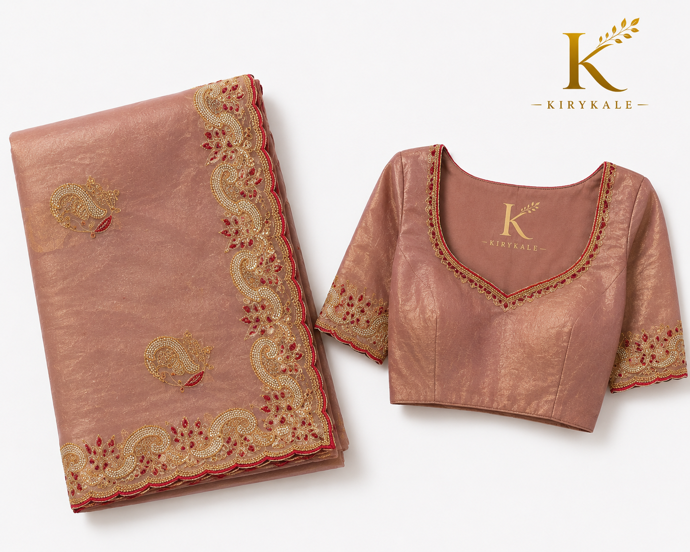 Premium Japan Spray Silk Saree – Rose Gold Real Stone Designer Work with Matching Blouse