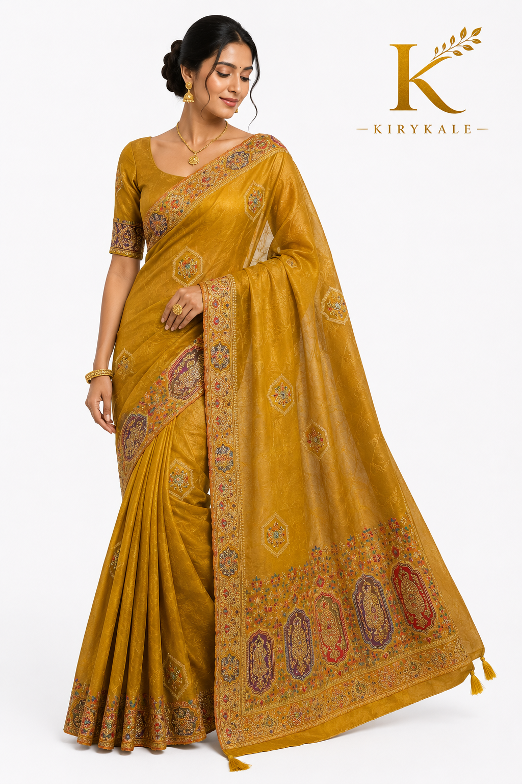 Premium Pure Chiniya Organza Jacquard Saree – Mustard Yellow Stone Work with Designer Blouse