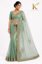 Premium Imported Organza Saree – Sea Green Heavy Real Stone & Thread Work with Designer Blouse
