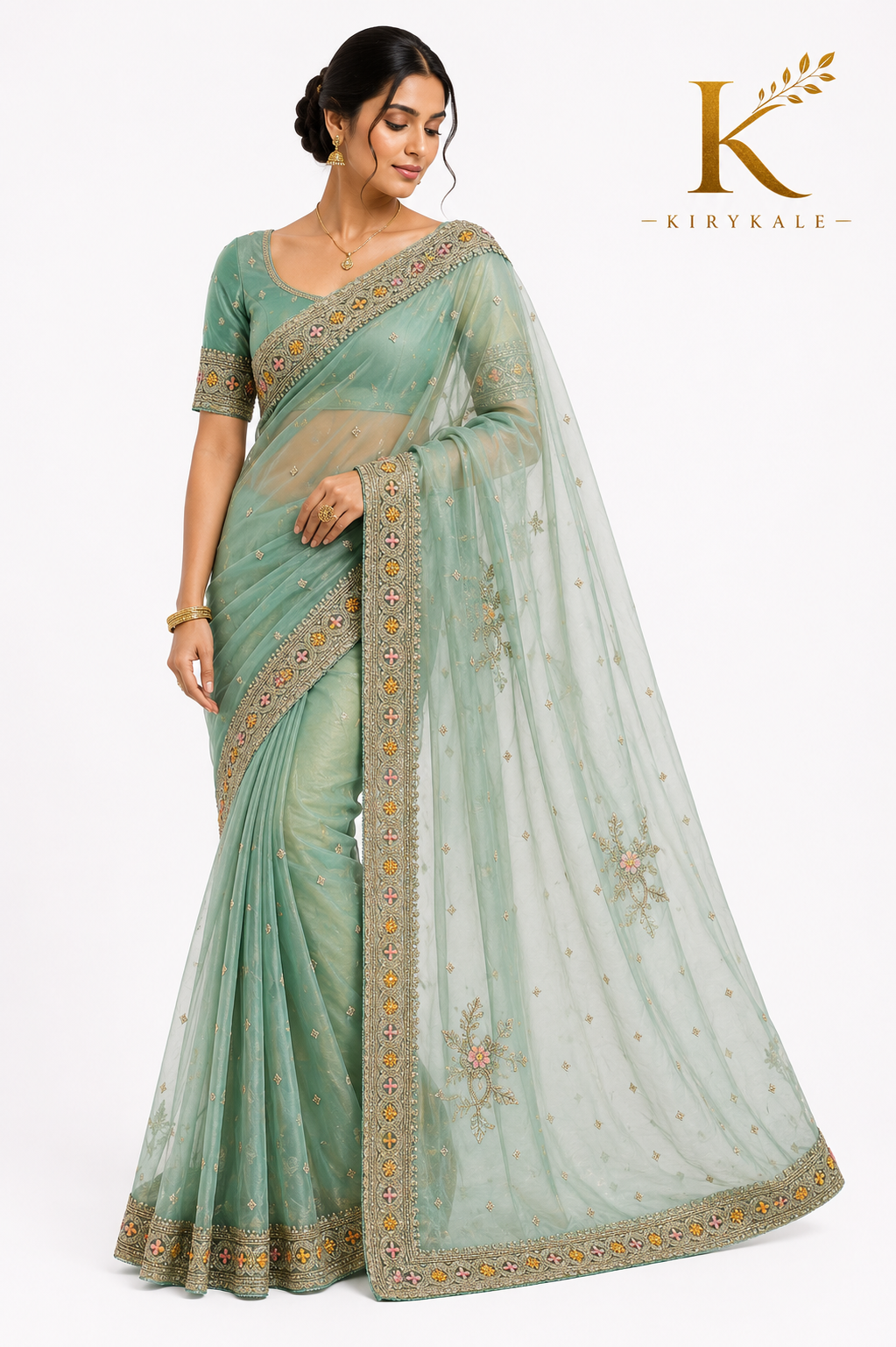 Premium Imported Organza Saree – Sea Green Heavy Real Stone & Thread Work with Designer Blouse