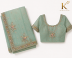 Premium Imported Organza Saree – Sea Green Heavy Real Stone & Thread Work with Designer Blouse