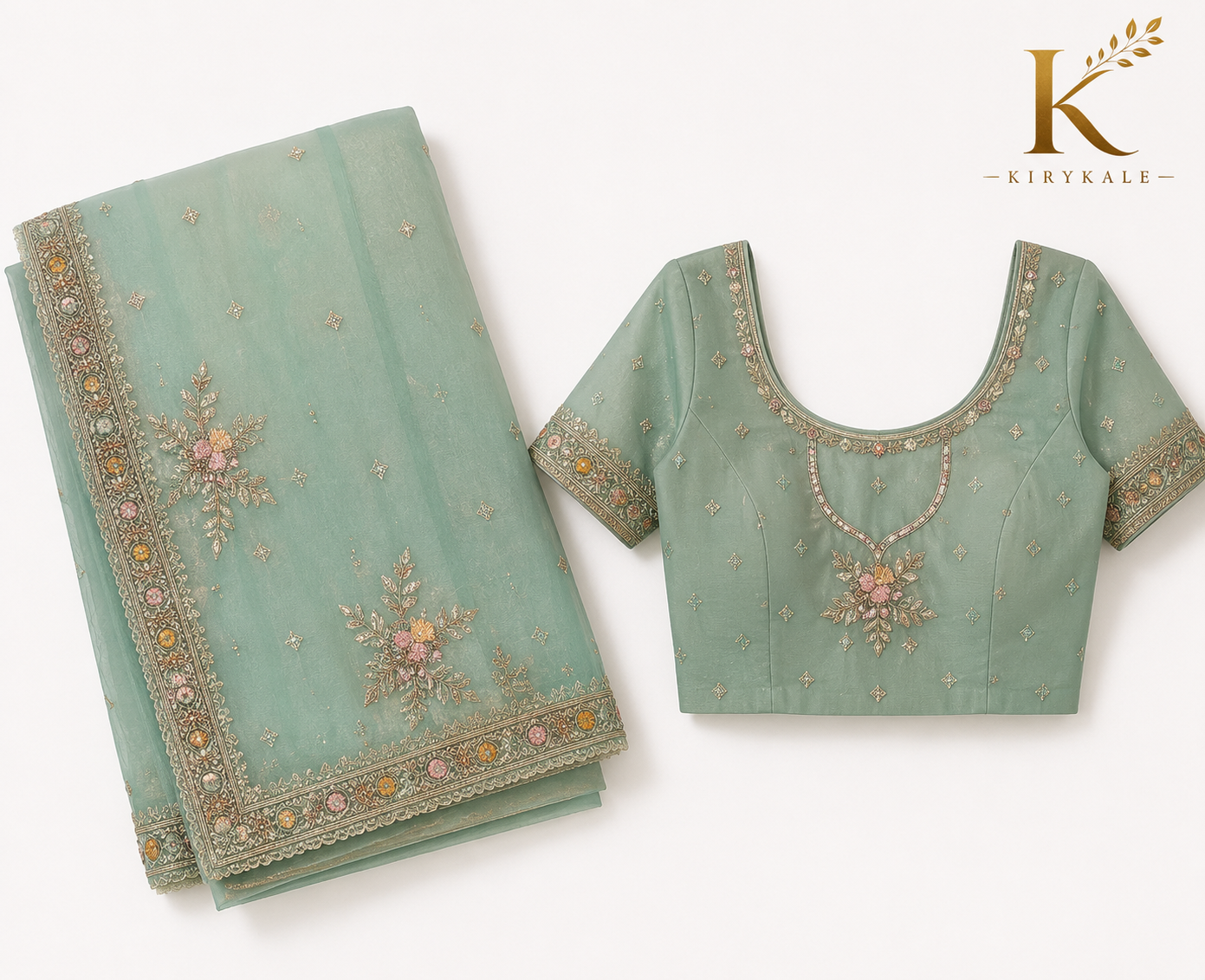 Premium Imported Organza Saree – Sea Green Heavy Real Stone & Thread Work with Designer Blouse