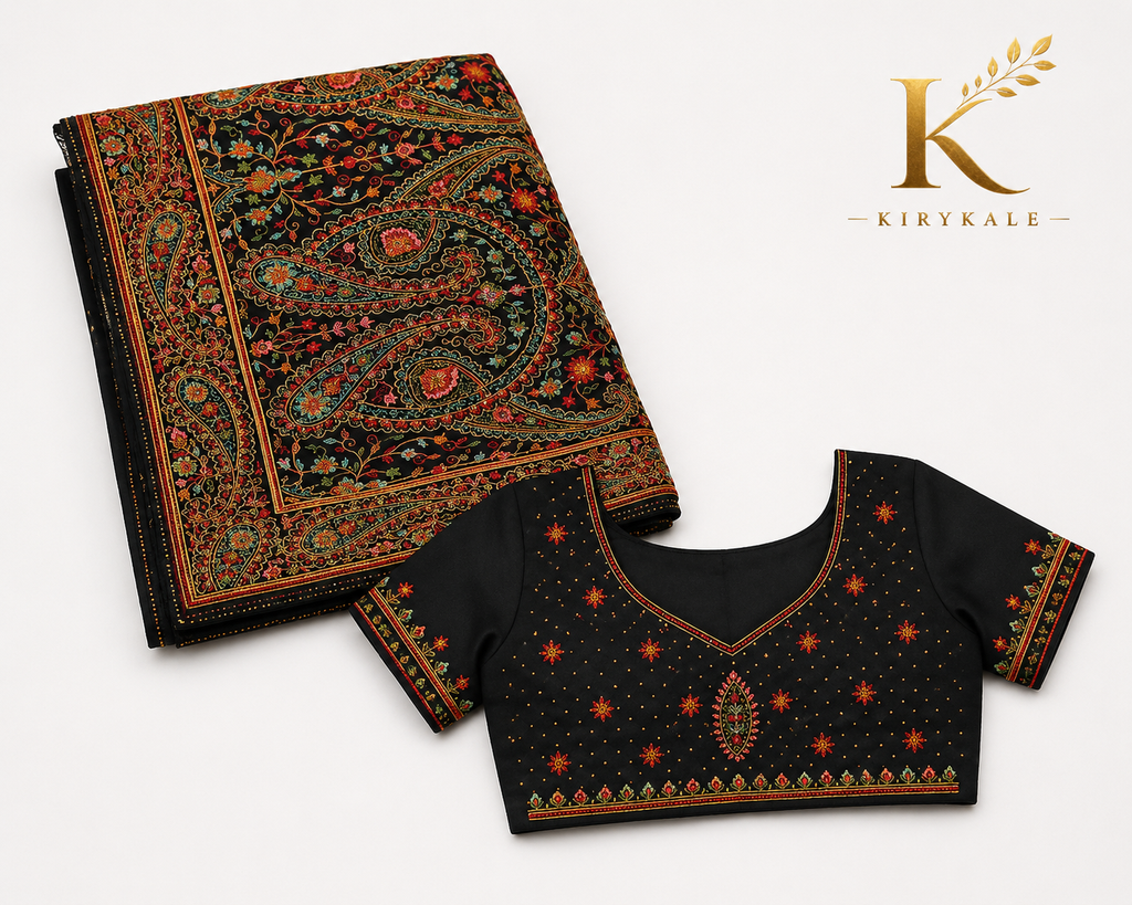 Premium Black Kalamkari Organza Saree – Real Kalamkari Print with Stone & Thread Work Designer Blouse