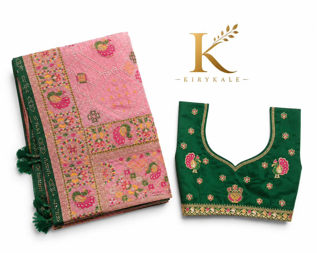 Premium Pink Pure Tussar Pattu Saree – Heavy Stone Work with Designer Green Blouse