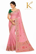 Premium Pink Pure Tussar Pattu Saree – Heavy Stone Work with Designer Green Blouse