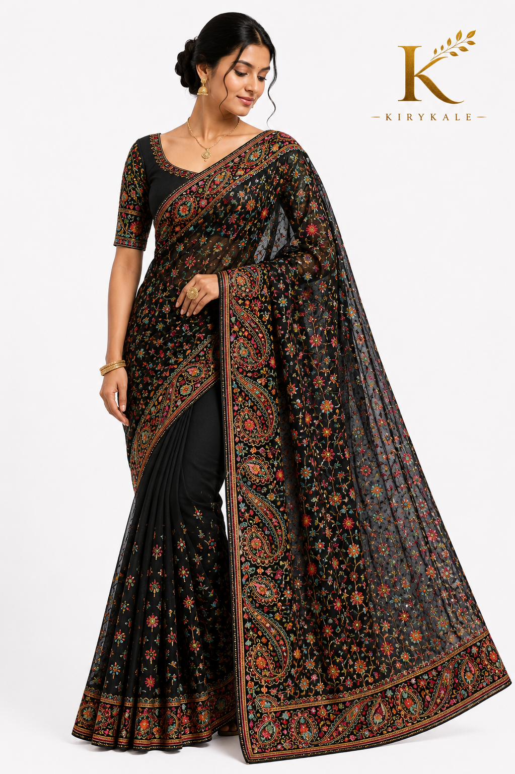 Premium Black Kalamkari Organza Saree – Real Kalamkari Print with Stone & Thread Work Designer Blouse