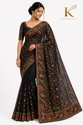 Premium Black Kalamkari Organza Saree – Real Kalamkari Print with Stone & Thread Work Designer Blouse