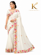 Premium Off White Mango Crush Spay Silk Saree – Floral Embroidery Work with Designer Blouse