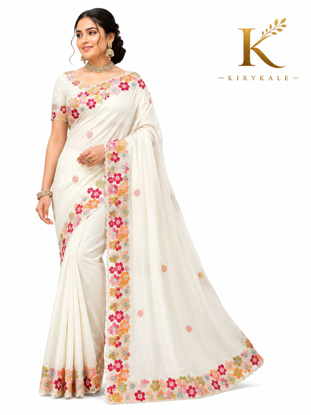Premium Off White Mango Crush Spay Silk Saree – Floral Embroidery Work with Designer Blouse