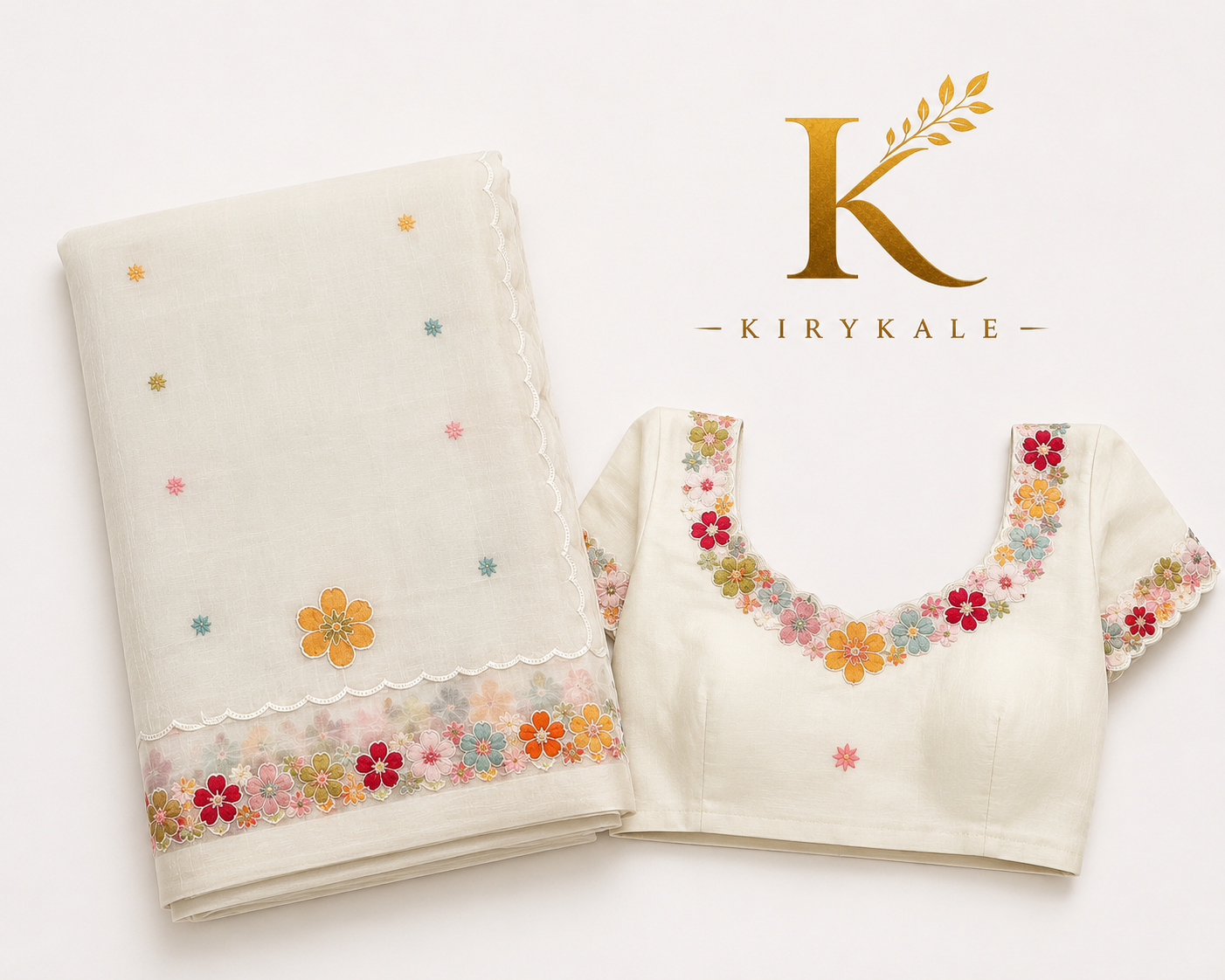 Premium Off White Mango Crush Spay Silk Saree – Floral Embroidery Work with Designer Blouse
