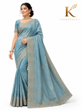 Premium Grey Spray Silk Saree – Heavy Computer Embroidery Work with Designer Blouse