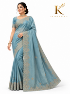 Premium Grey Spray Silk Saree – Heavy Computer Embroidery Work with Designer Blouse